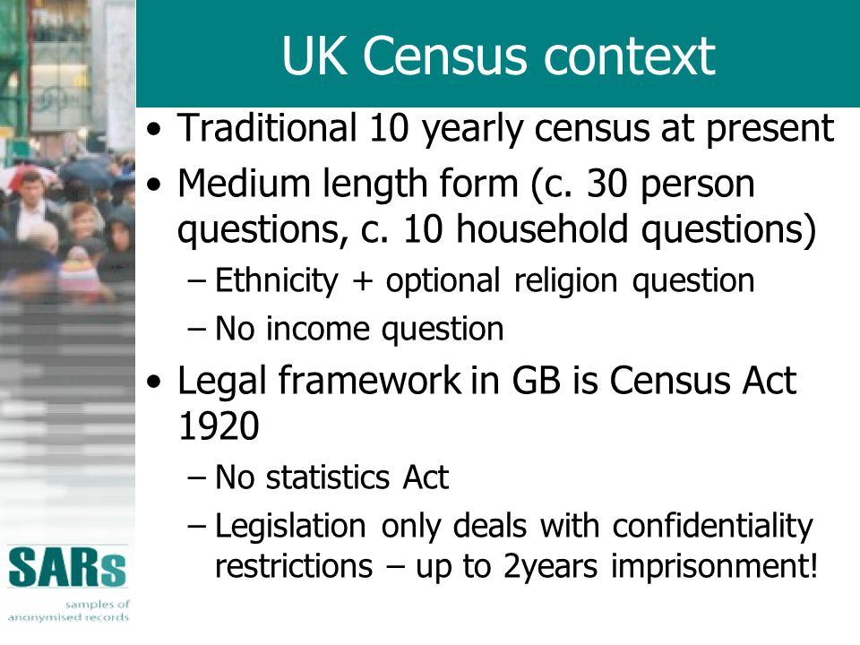 UK Census context Traditional 10 yearly census at present Medium length form (c.