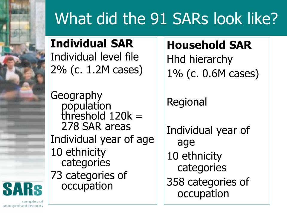 What did the 91 SARs look like. Individual SAR Individual level file 2% (c.