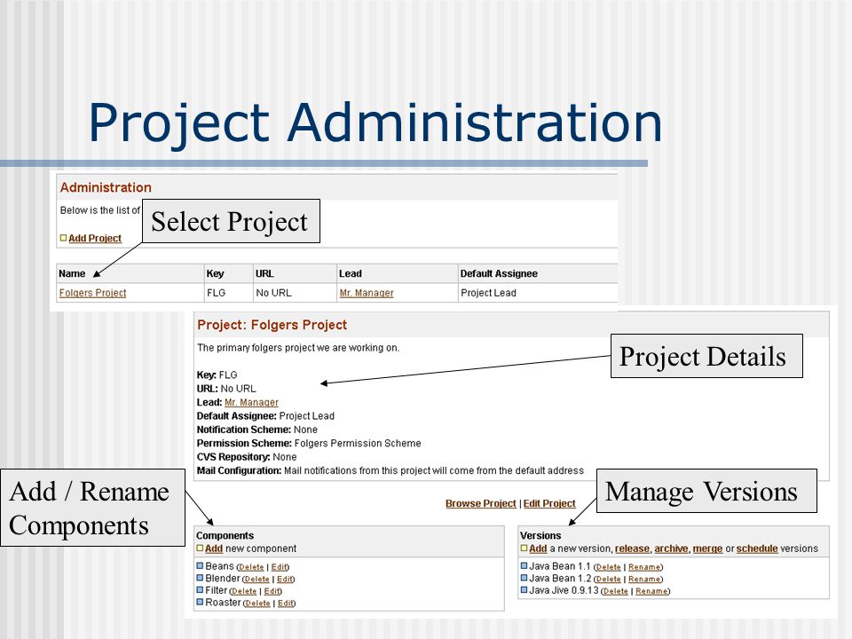 Project Administration Add / Rename Components Select Project Manage Versions Project Details