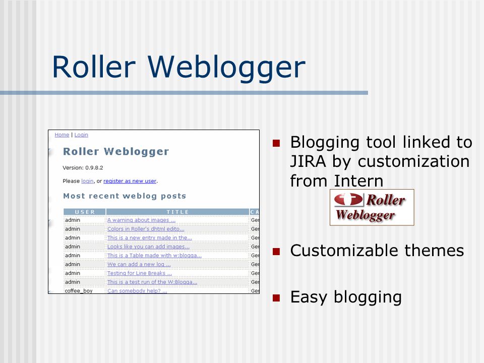 Roller Weblogger Blogging tool linked to JIRA by customization from Intern Customizable themes Easy blogging