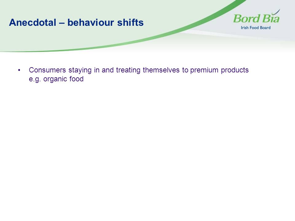 Anecdotal – behaviour shifts Consumers staying in and treating themselves to premium products e.g.