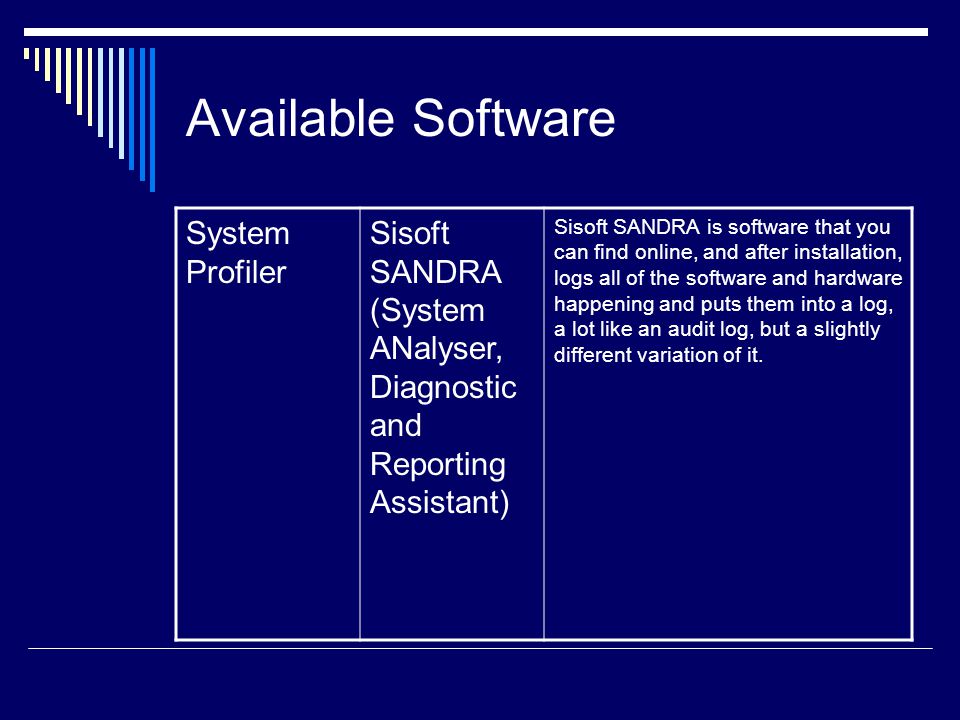 Available Software System Profiler Sisoft SANDRA (System ANalyser, Diagnostic and Reporting Assistant) Sisoft SANDRA is software that you can find online, and after installation, logs all of the software and hardware happening and puts them into a log, a lot like an audit log, but a slightly different variation of it.