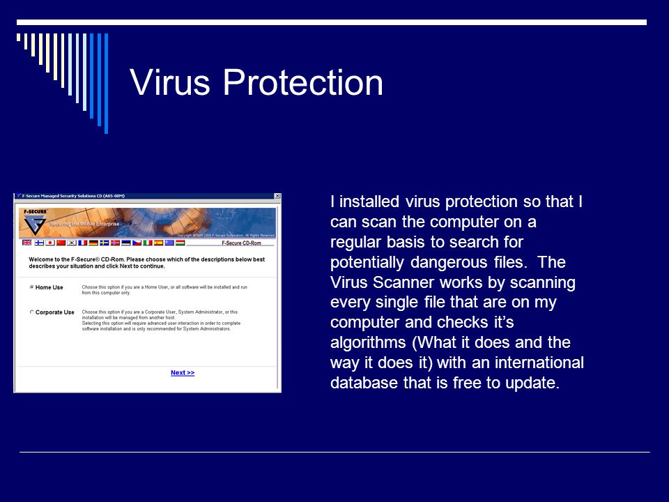 Virus Protection I installed virus protection so that I can scan the computer on a regular basis to search for potentially dangerous files.