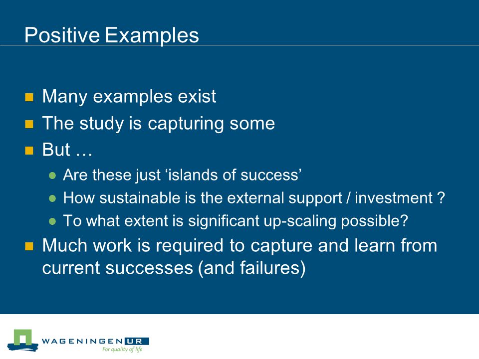 Positive Examples Many examples exist The study is capturing some But … Are these just ‘islands of success’ How sustainable is the external support / investment .