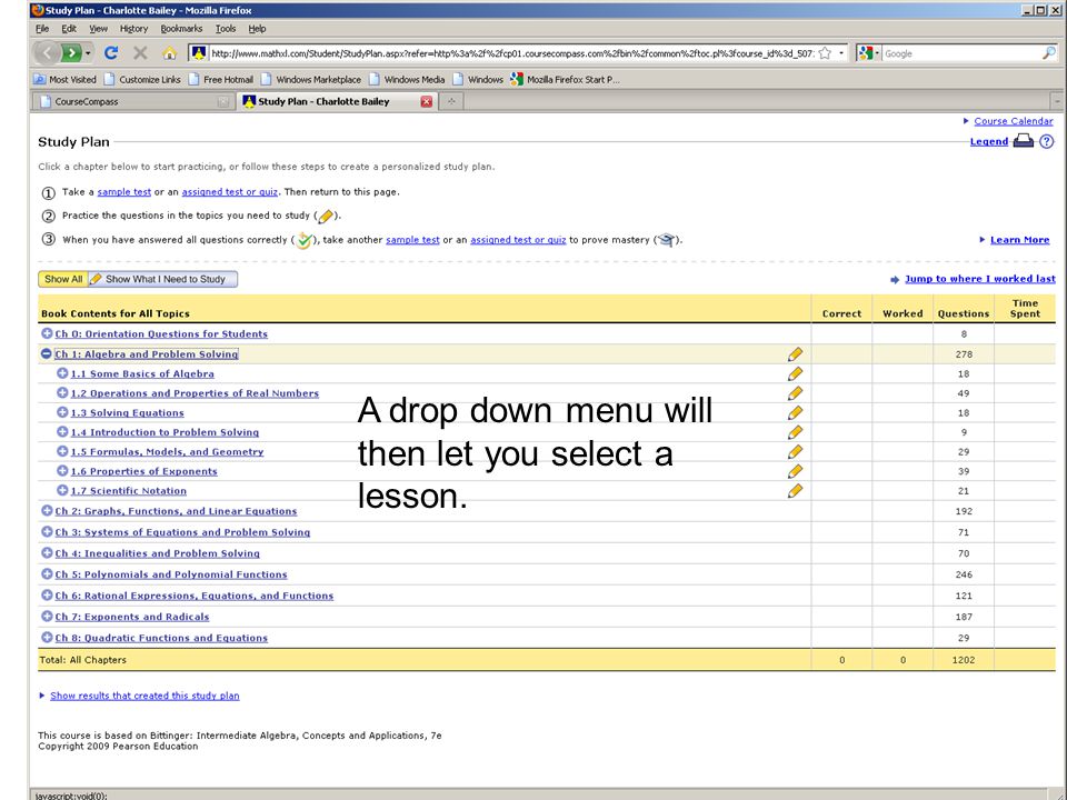 A drop down menu will then let you select a lesson.
