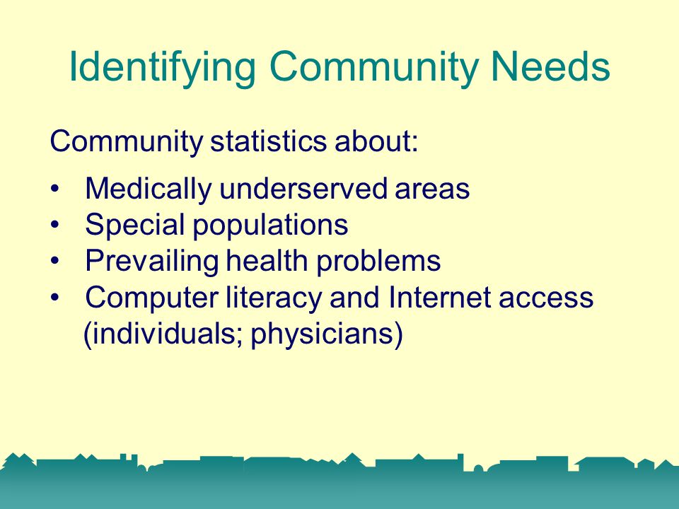 Identifying Community Needs Community statistics about: Medically underserved areas Special populations Prevailing health problems Computer literacy and Internet access (individuals; physicians)