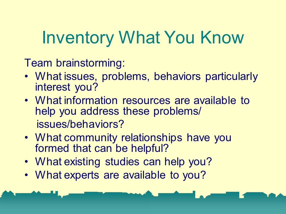 Inventory What You Know Team brainstorming: What issues, problems, behaviors particularly interest you.