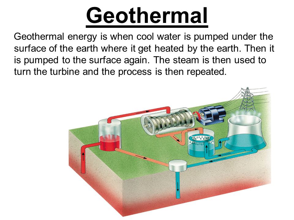 Geothermal Geothermal energy is when cool water is pumped under the surface of the earth where it get heated by the earth.