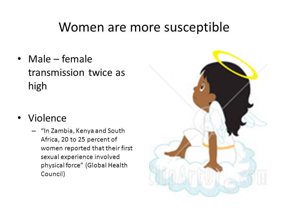 Women are more susceptible Male – female transmission twice as high Violence – In Zambia, Kenya and South Africa, 20 to 25 percent of women reported that their first sexual experience involved physical force (Global Health Council)