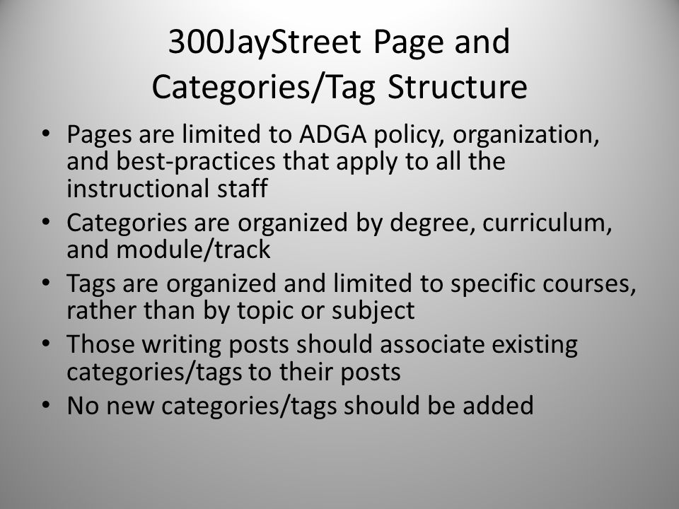 300JayStreet Page and Categories/Tag Structure Pages are limited to ADGA policy, organization, and best-practices that apply to all the instructional staff Categories are organized by degree, curriculum, and module/track Tags are organized and limited to specific courses, rather than by topic or subject Those writing posts should associate existing categories/tags to their posts No new categories/tags should be added