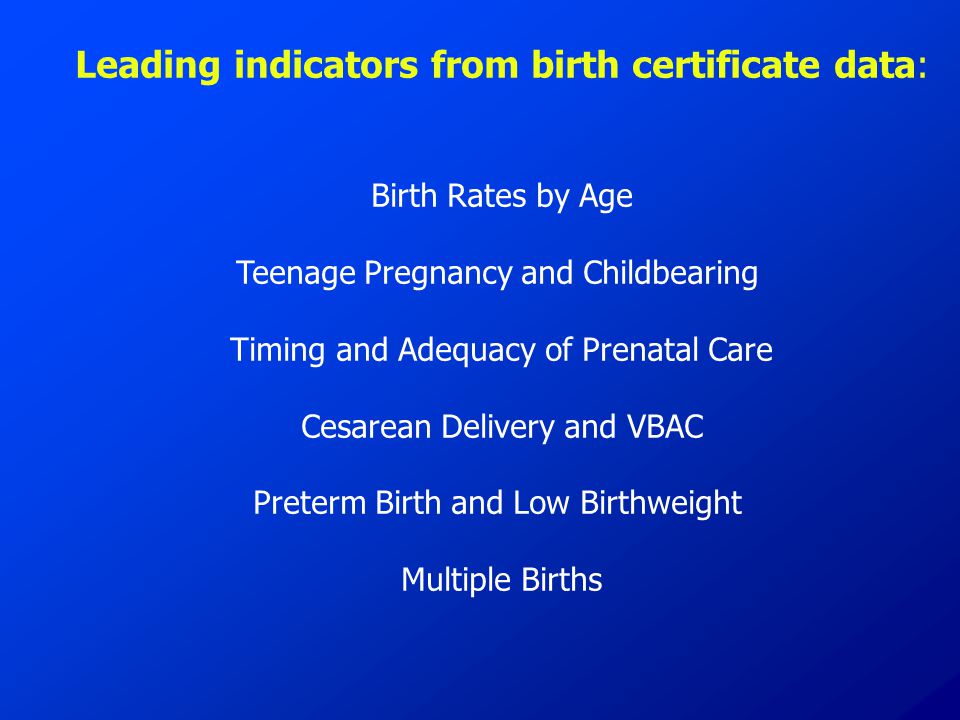 Leading indicators from birth certificate data: Birth Rates by Age Teenage Pregnancy and Childbearing Timing and Adequacy of Prenatal Care Cesarean Delivery and VBAC Preterm Birth and Low Birthweight Multiple Births