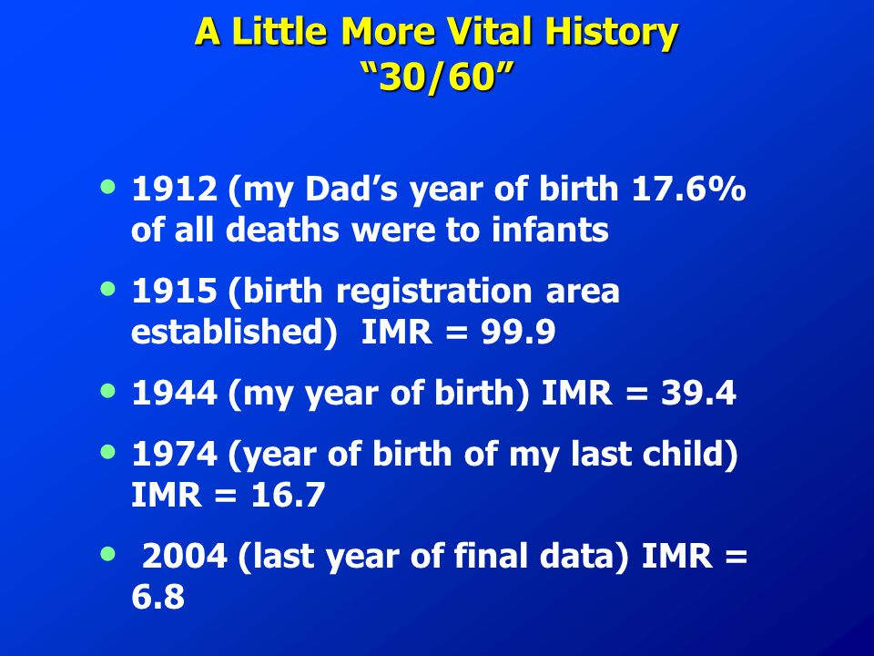 A Little More Vital History 30/ (my Dad’s year of birth 17.6% of all deaths were to infants 1915 (birth registration area established) IMR = (my year of birth) IMR = (year of birth of my last child) IMR = (last year of final data) IMR = 6.8