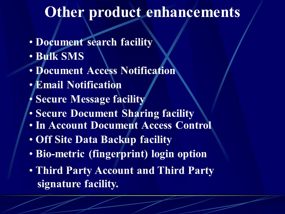 Other product enhancements Document Access Notification Bulk SMS  Notification Secure Message facility Secure Document Sharing facility In Account Document Access Control Off Site Data Backup facility Document search facility Bio-metric (fingerprint) login option Third Party Account and Third Party signature facility.