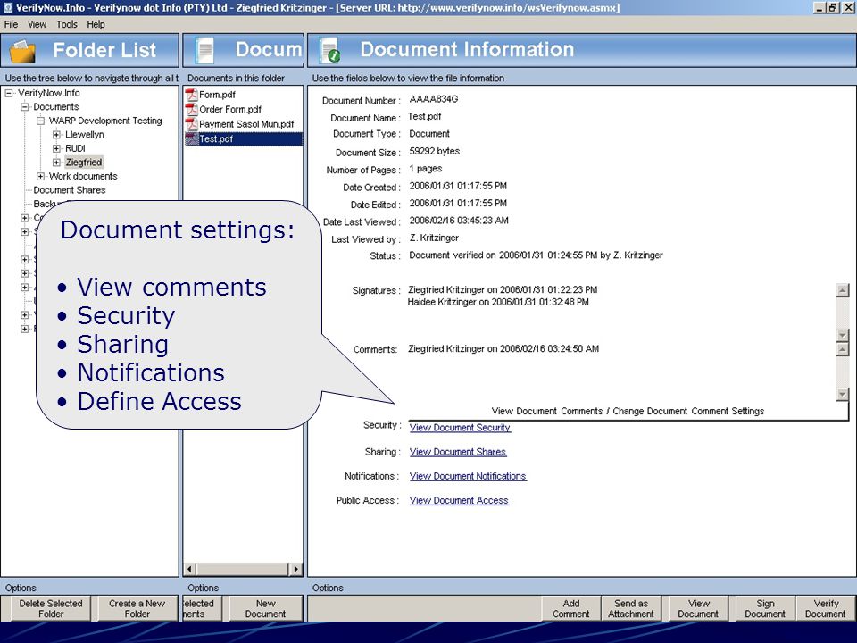 Document settings: View comments Security Sharing Notifications Define Access