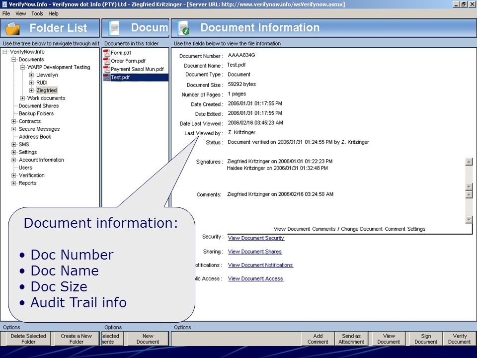 Document information: Doc Number Doc Name Doc Size Audit Trail info