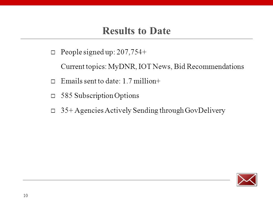 10 Results to Date  People signed up: 207,754+ Current topics: MyDNR, IOT News, Bid Recommendations   s sent to date: 1.7 million+  585 Subscription Options  35+ Agencies Actively Sending through GovDelivery