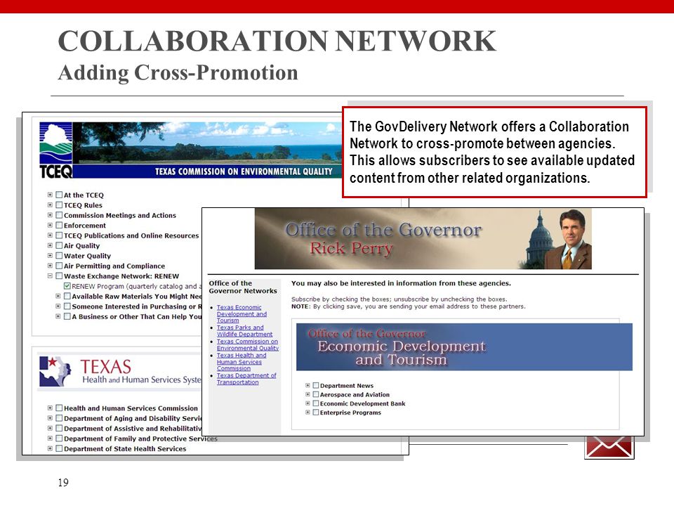 19 COLLABORATION NETWORK Adding Cross-Promotion The GovDelivery Network offers a Collaboration Network to cross-promote between agencies.