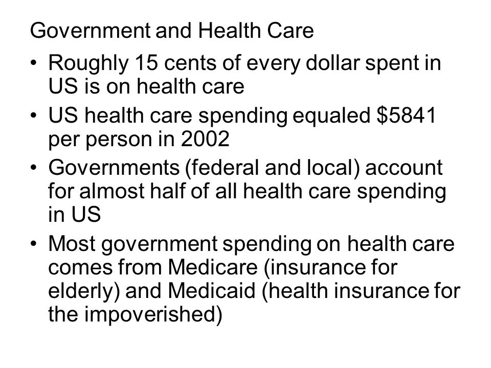 Government and Health Care Roughly 15 cents of every dollar spent in US is on health care US health care spending equaled $5841 per person in 2002 Governments (federal and local) account for almost half of all health care spending in US Most government spending on health care comes from Medicare (insurance for elderly) and Medicaid (health insurance for the impoverished)