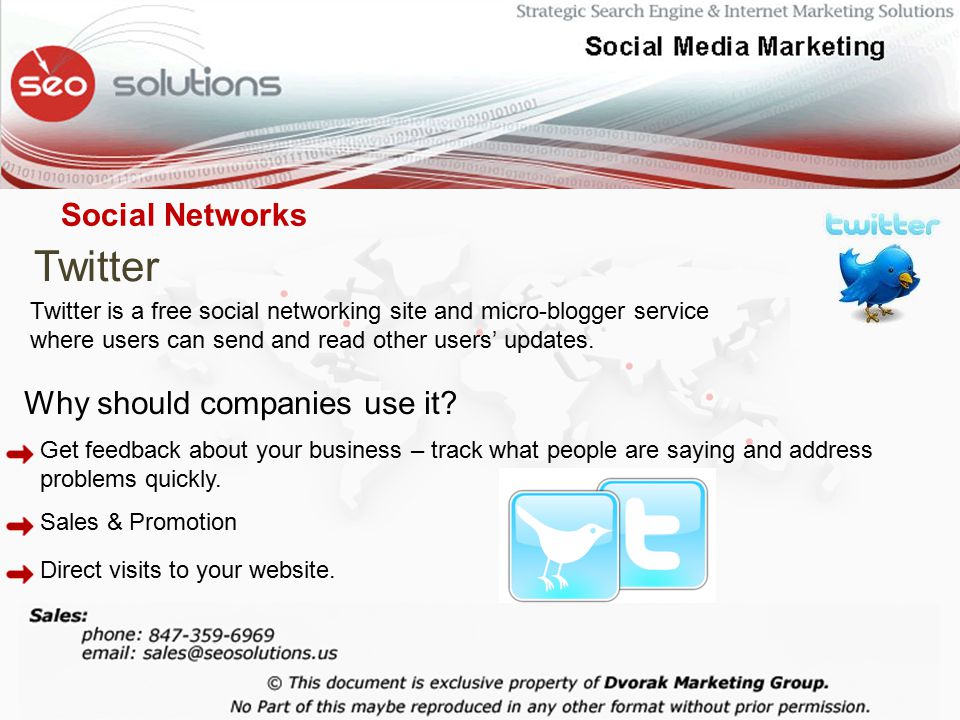 Social Networks Twitter Twitter is a free social networking site and micro-blogger service where users can send and read other users’ updates.