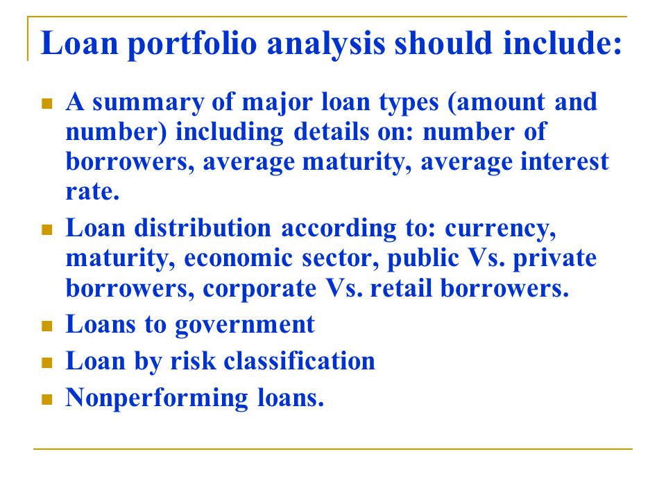 Loan portfolio analysis should include: A summary of major loan types (amount and number) including details on: number of borrowers, average maturity, average interest rate.