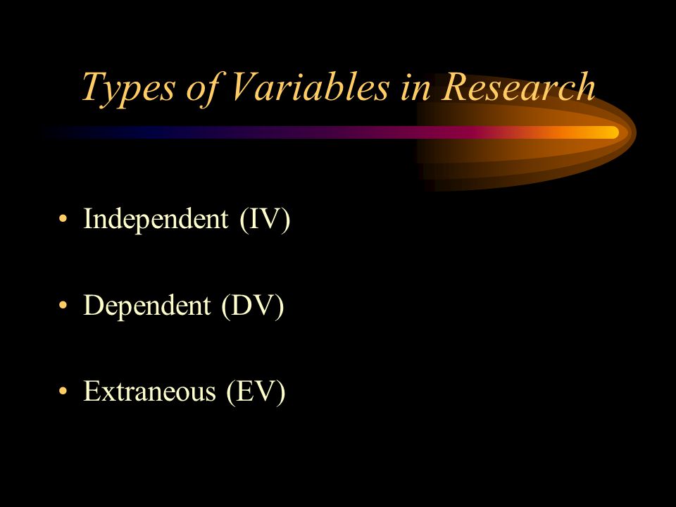 Types of Variables in Research Independent (IV) Dependent (DV) Extraneous (EV)