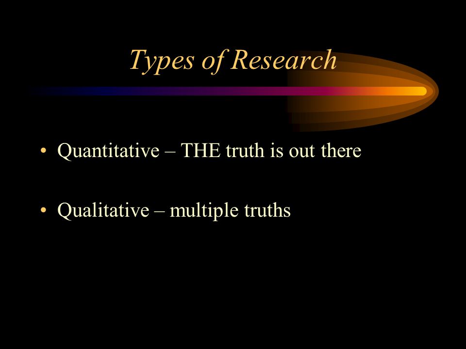 Types of Research Quantitative – THE truth is out there Qualitative – multiple truths