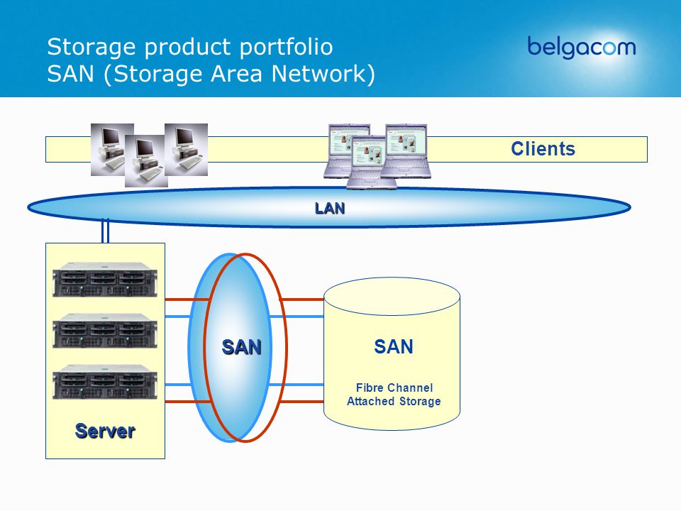 Storage product portfolio SAN (Storage Area Network) LAN Clients Server SAN Fibre Channel Attached Storage SAN