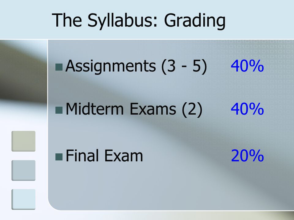 The Syllabus: Grading Assignments (3 - 5) 40% Midterm Exams (2) 40% Final Exam20%
