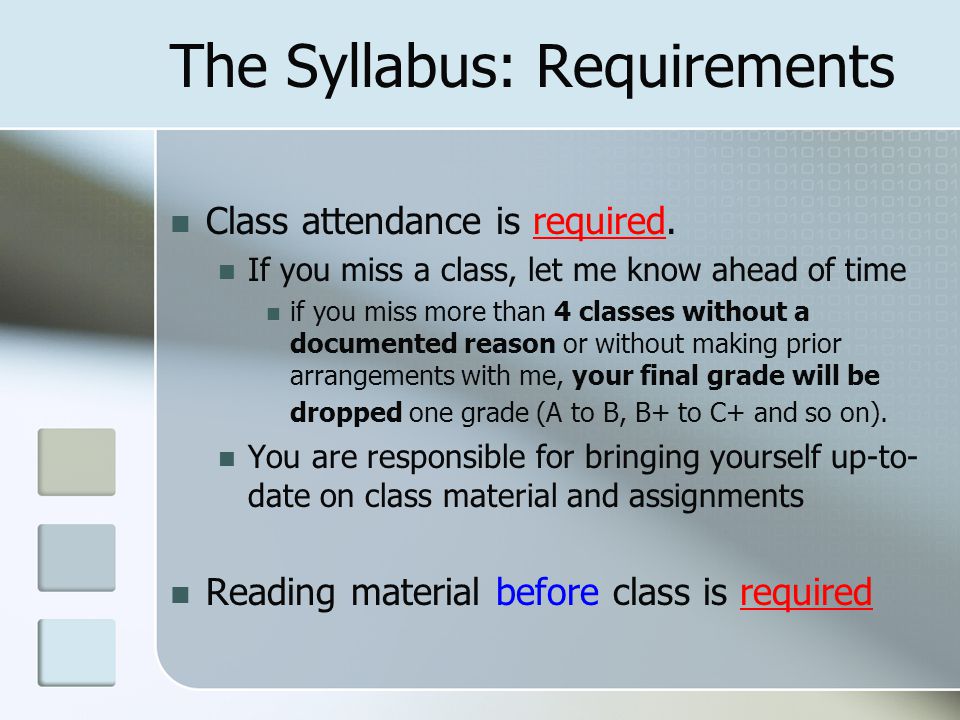The Syllabus: Requirements Class attendance is required.