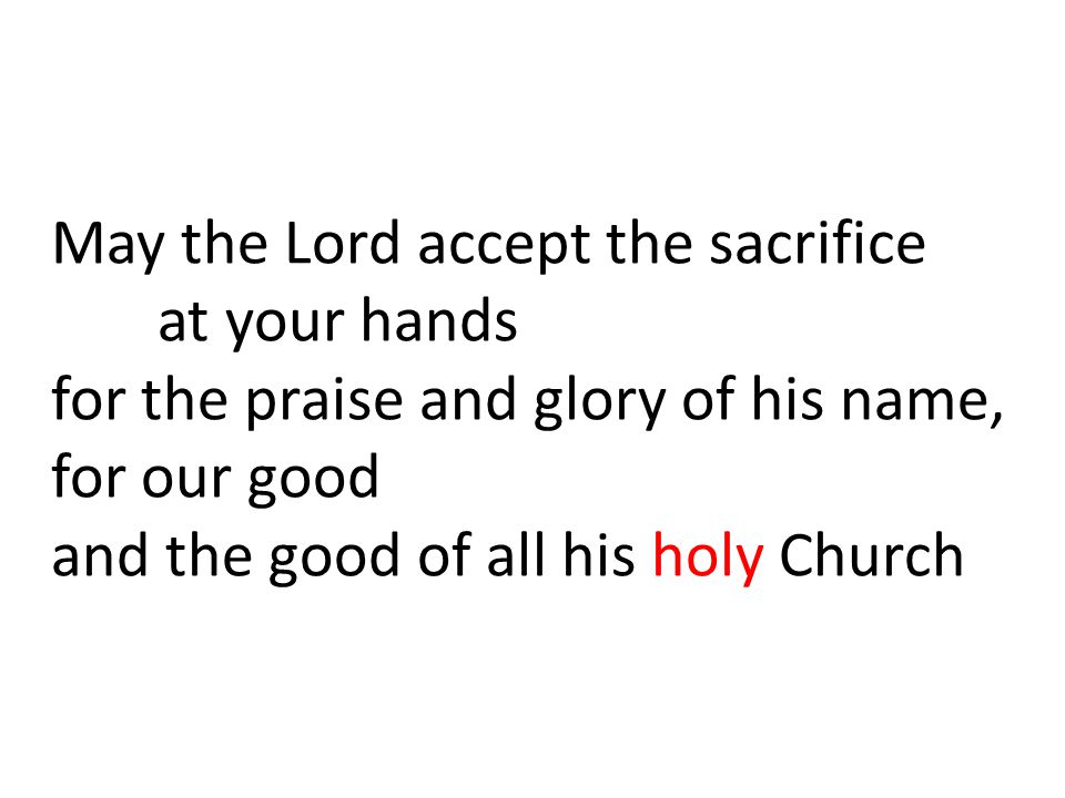 May the Lord accept the sacrifice at your hands for the praise and glory of his name, for our good and the good of all his holy Church