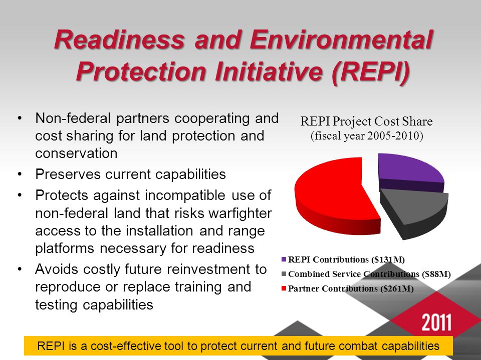 6 Readiness and Environmental Protection Initiative (REPI) Non-federal partners cooperating and cost sharing for land protection and conservation Preserves current capabilities Protects against incompatible use of non-federal land that risks warfighter access to the installation and range platforms necessary for readiness Avoids costly future reinvestment to reproduce or replace training and testing capabilities REPI is a cost-effective tool to protect current and future combat capabilities