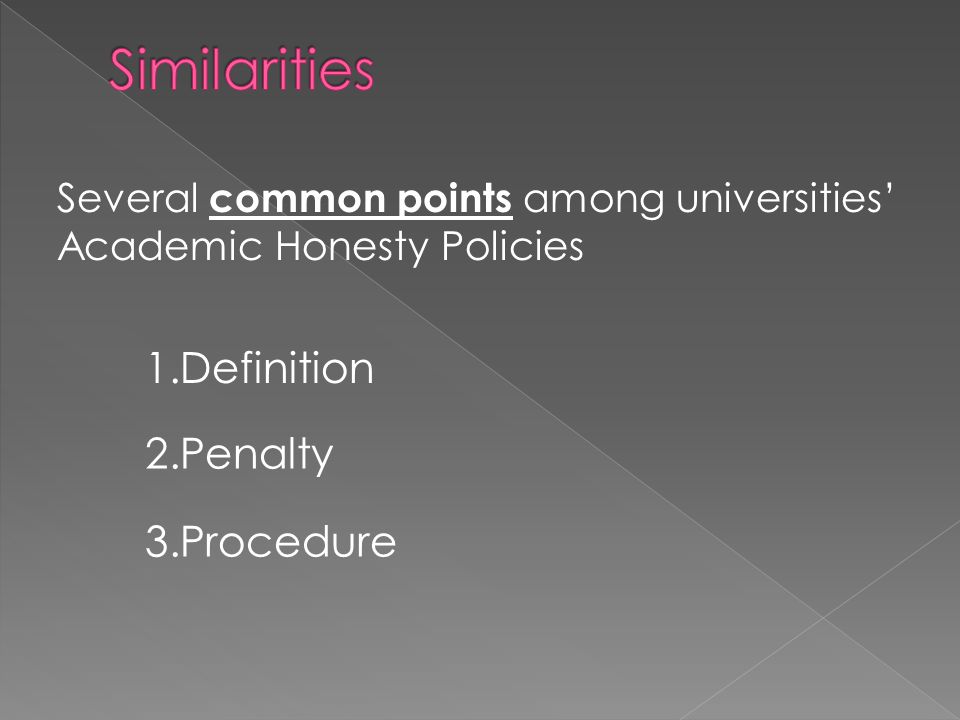 1.Definition Several common points among universities’ Academic Honesty Policies 2.Penalty 3.Procedure