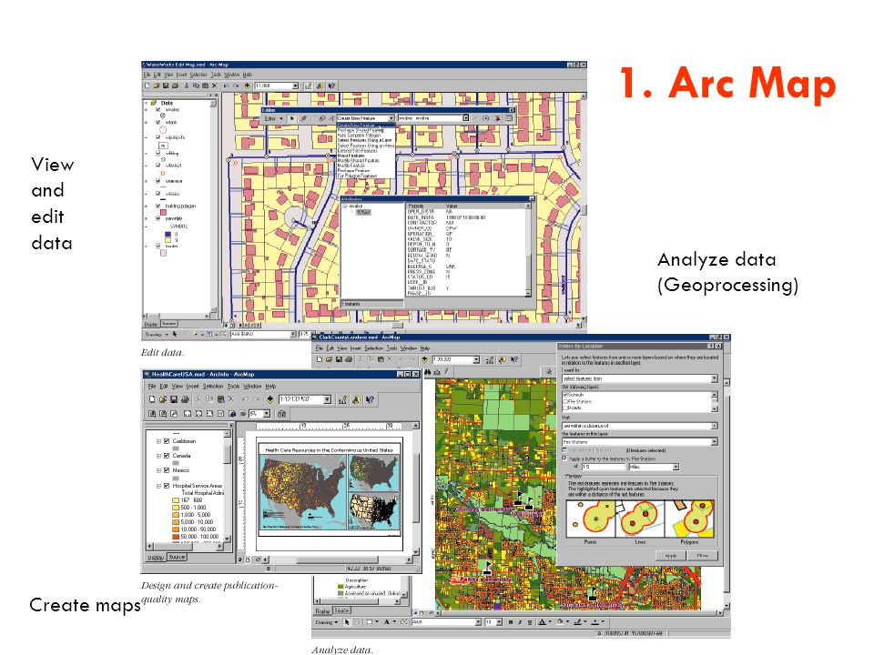 1. Arc Map Create maps View and edit data Analyze data (Geoprocessing)