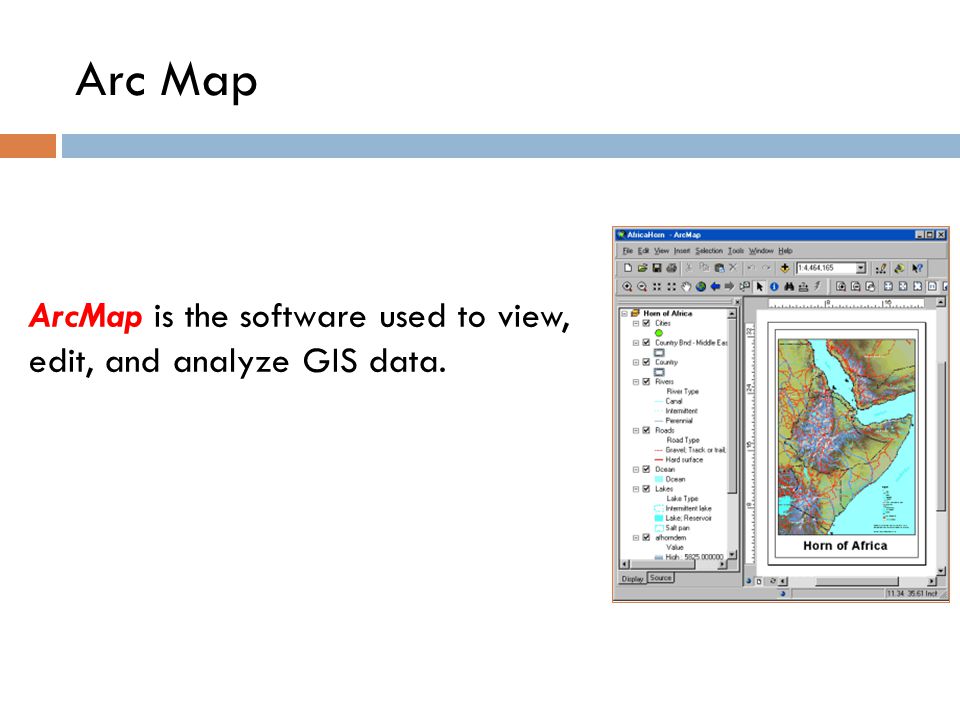 ArcMap is the software used to view, edit, and analyze GIS data. Arc Map