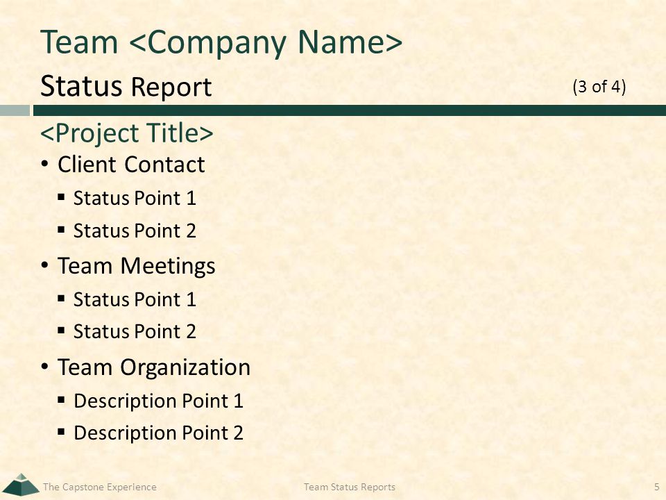 Status Report Team Client Contact  Status Point 1  Status Point 2 Team Meetings  Status Point 1  Status Point 2 Team Organization  Description Point 1  Description Point 2 The Capstone ExperienceTeam Status Reports5 (3 of 4)
