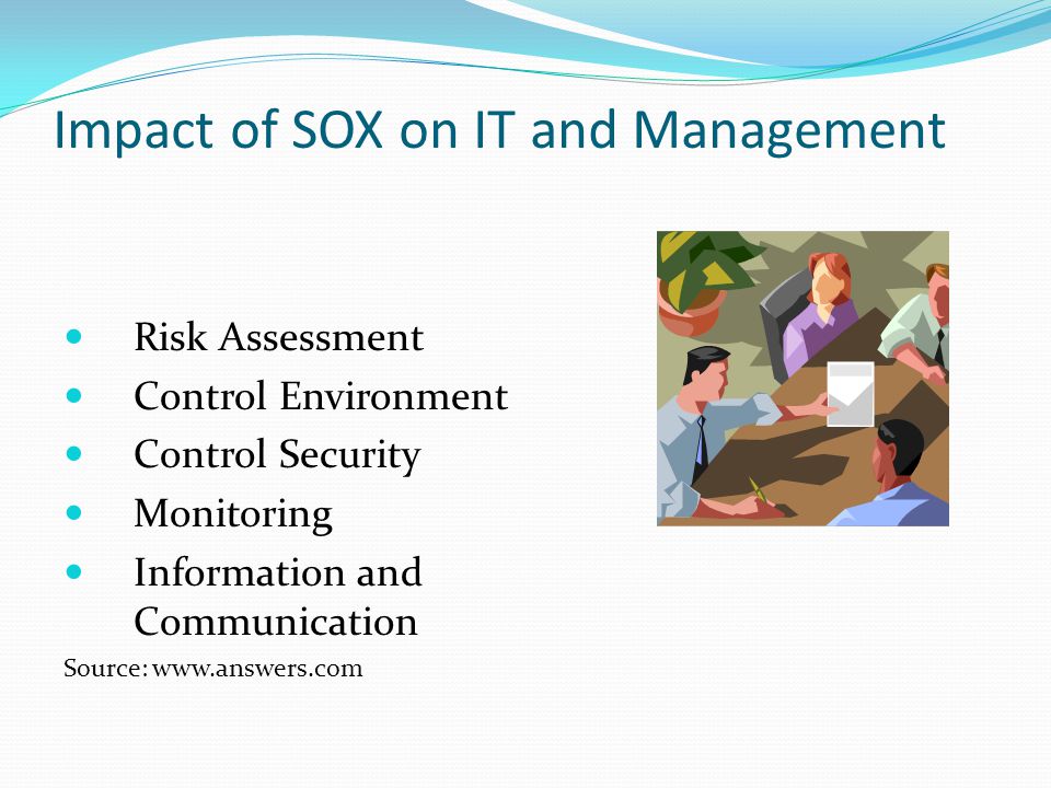 Impact of SOX on IT and Management Risk Assessment Control Environment Control Security Monitoring Information and Communication Source: