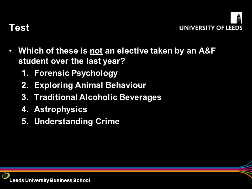 Leeds University Business School Test Which of these is not an elective taken by an A&F student over the last year.