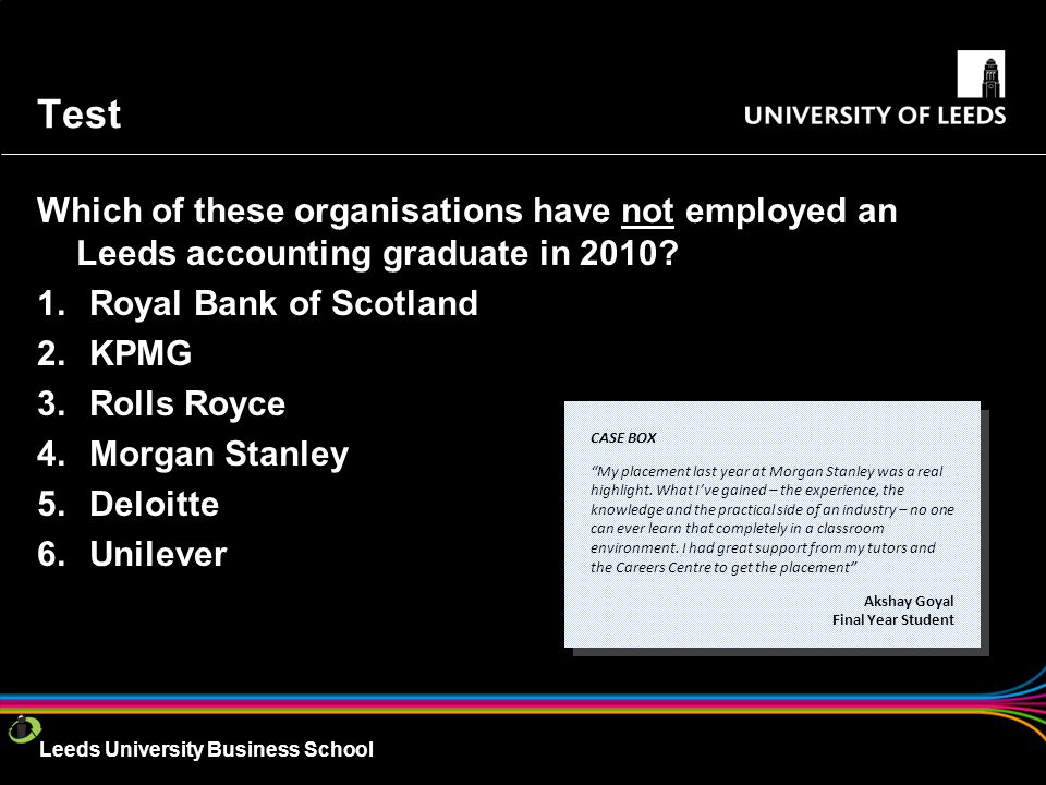 Leeds University Business School Test Which of these organisations have not employed an Leeds accounting graduate in 2010.