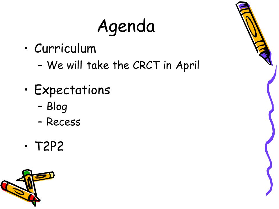 Agenda Curriculum –We will take the CRCT in April Expectations –Blog –Recess T2P2