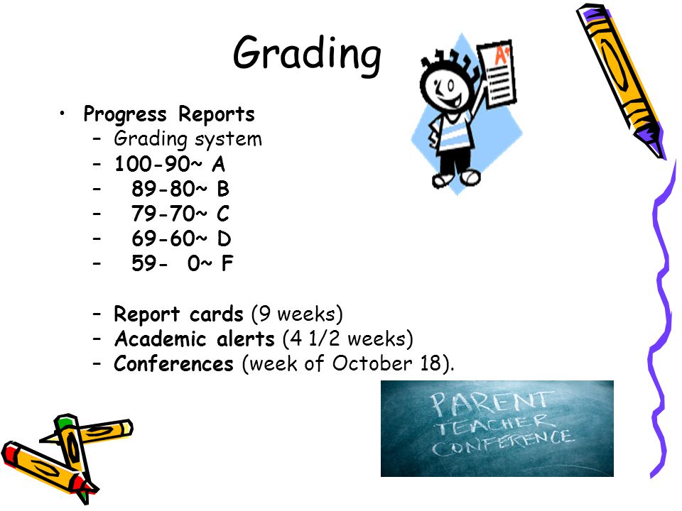 Grading Progress Reports –Grading system –100-90~ A – 89-80~ B – 79-70~ C – 69-60~ D – 59- 0~ F –Report cards (9 weeks) –Academic alerts (4 1/2 weeks) –Conferences (week of October 18).