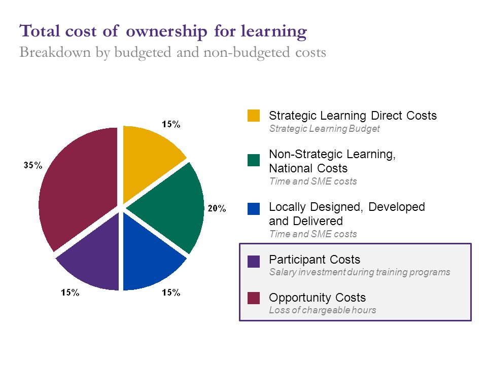 Strategic Learning Direct Costs Strategic Learning Budget Non-Strategic Learning, National Costs Time and SME costs Locally Designed, Developed and Delivered Time and SME costs Participant Costs Salary investment during training programs Opportunity Costs Loss of chargeable hours Total cost of ownership for learning Breakdown by budgeted and non-budgeted costs