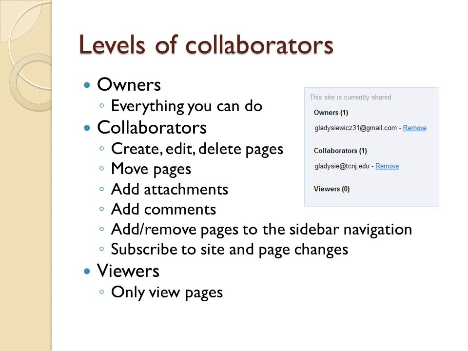 Levels of collaborators Owners ◦ Everything you can do Collaborators ◦ Create, edit, delete pages ◦ Move pages ◦ Add attachments ◦ Add comments ◦ Add/remove pages to the sidebar navigation ◦ Subscribe to site and page changes Viewers ◦ Only view pages