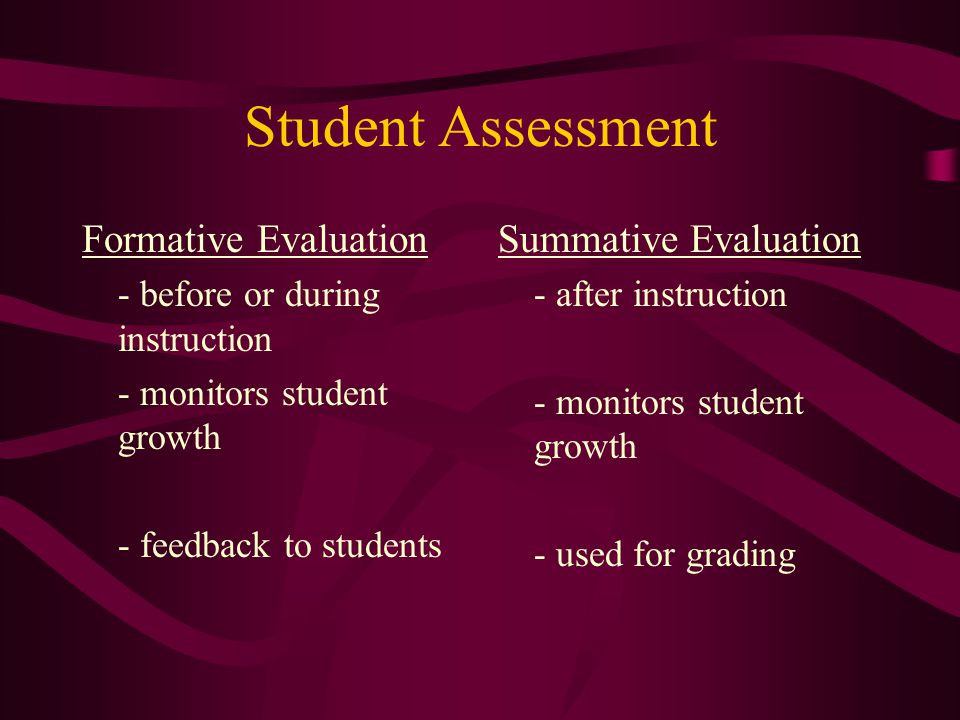 Student Assessment Formative Evaluation - before or during instruction - monitors student growth - feedback to students Summative Evaluation - after instruction - monitors student growth - used for grading