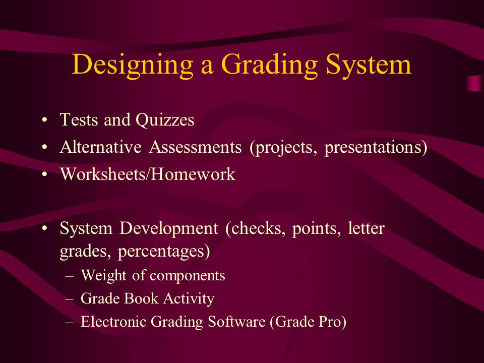 Designing a Grading System Tests and Quizzes Alternative Assessments (projects, presentations) Worksheets/Homework System Development (checks, points, letter grades, percentages) –Weight of components –Grade Book Activity –Electronic Grading Software (Grade Pro)