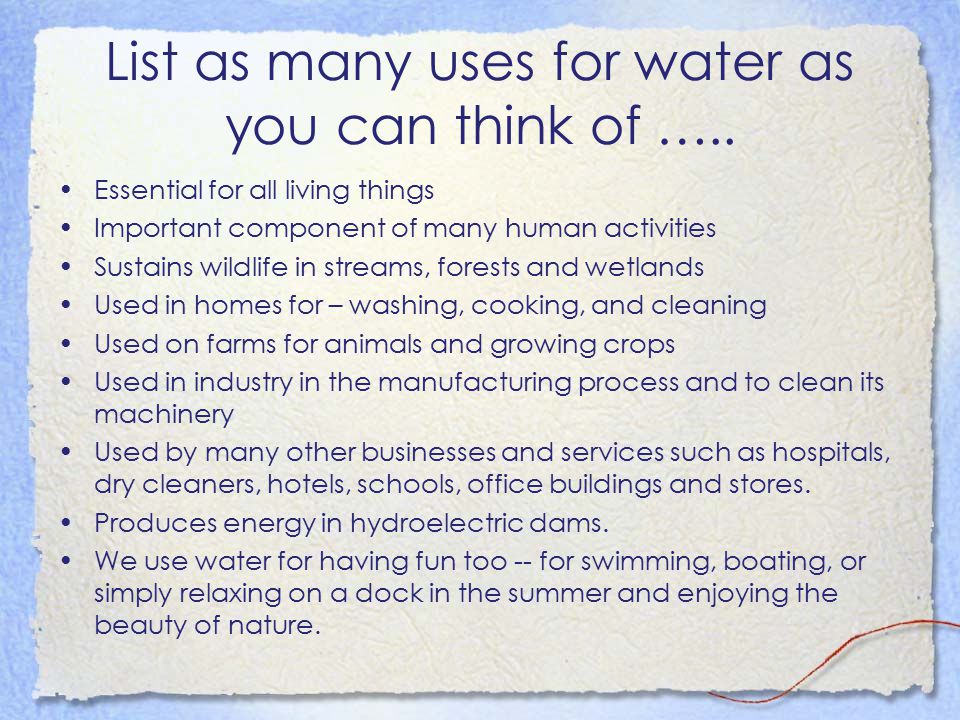 uses of water in living things Water and living organisms water has a number of roles in living organisms: solvent temperature buffer metabolite living environment these roles can be explained once we have understood the structure and bonding in a water molecule, and between water. uses of water in living things Water and living organisms water has a number of roles in living organisms: solvent temperature buffer metabolite living environment these roles can be explained once we have understood the structure and bonding in a water molecule, and between water.