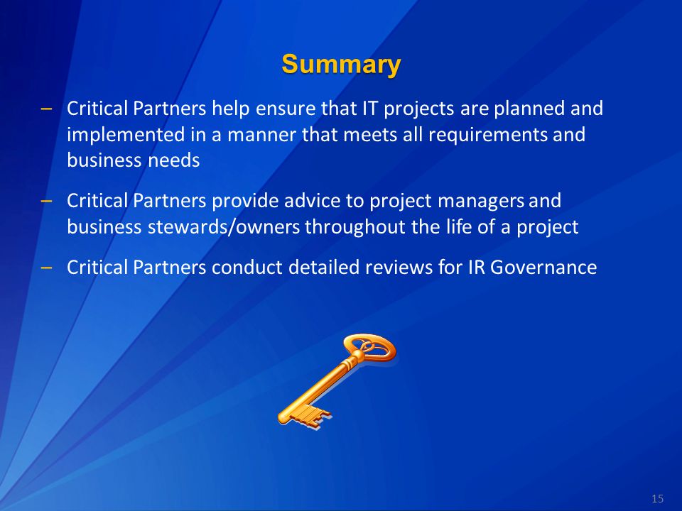 15 Summary –Critical Partners help ensure that IT projects are planned and implemented in a manner that meets all requirements and business needs –Critical Partners provide advice to project managers and business stewards/owners throughout the life of a project –Critical Partners conduct detailed reviews for IR Governance