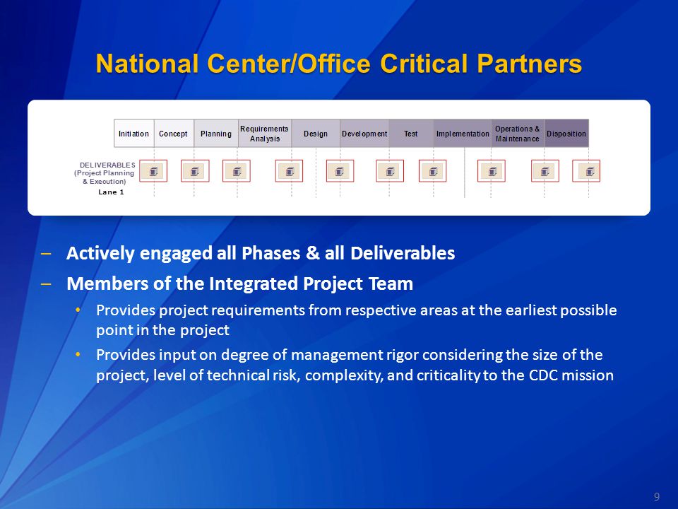 9 –Actively engaged all Phases & all Deliverables –Members of the Integrated Project Team Provides project requirements from respective areas at the earliest possible point in the project Provides input on degree of management rigor considering the size of the project, level of technical risk, complexity, and criticality to the CDC mission