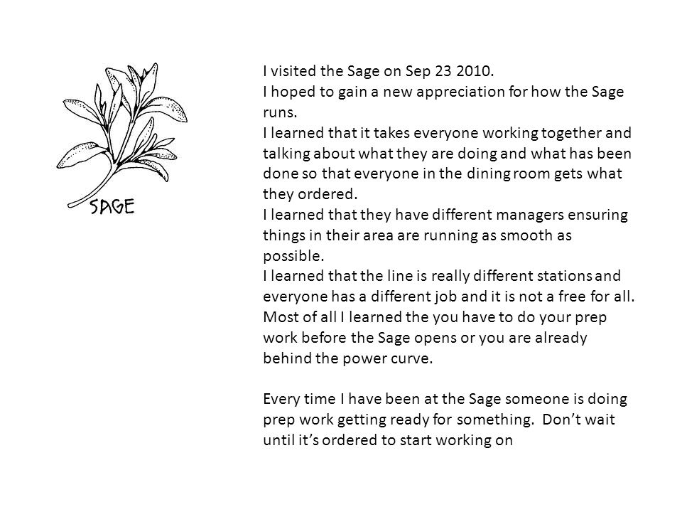 I visited the Sage on Sep I hoped to gain a new appreciation for how the Sage runs.
