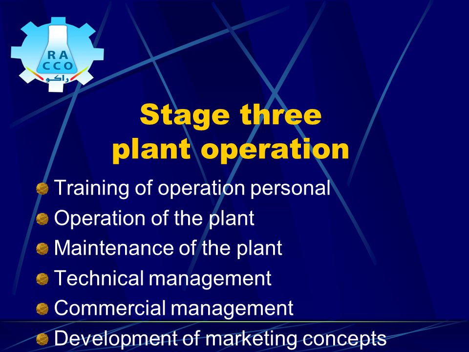 Stage three plant operation Training of operation personal Operation of the plant Maintenance of the plant Technical management Commercial management Development of marketing concepts