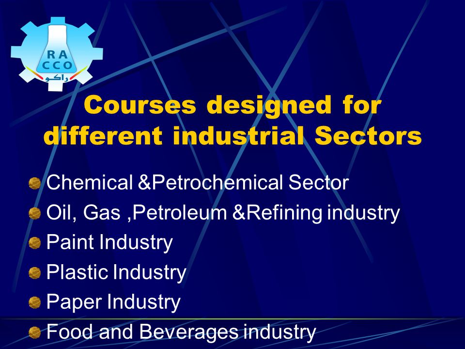 Courses designed for different industrial Sectors Chemical &Petrochemical Sector Oil, Gas,Petroleum &Refining industry Paint Industry Plastic Industry Paper Industry Food and Beverages industry Engineering Industry
